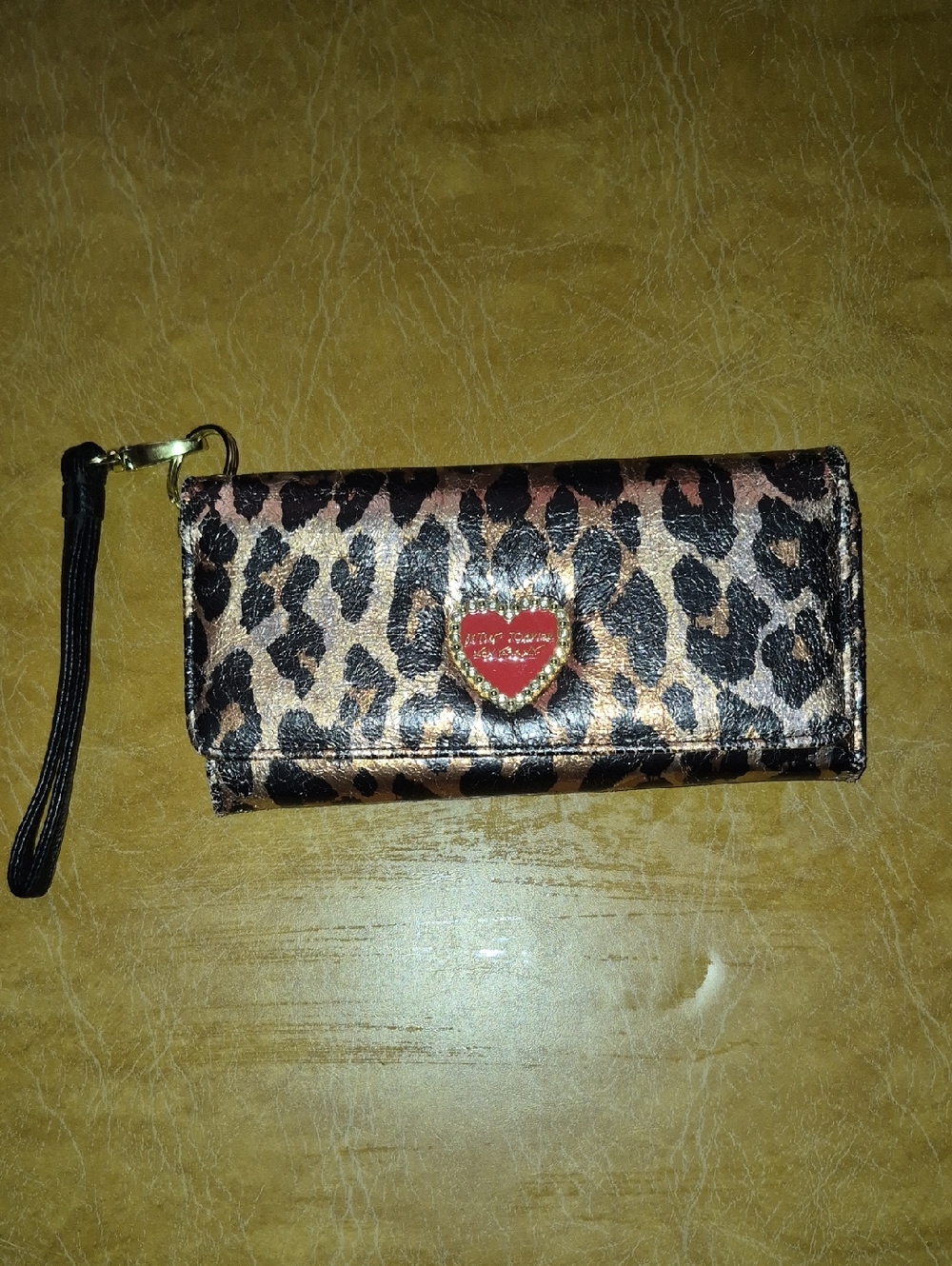 Betsey Johnson Leopard Print Wristlet Clutch with Heart Accent - Brown